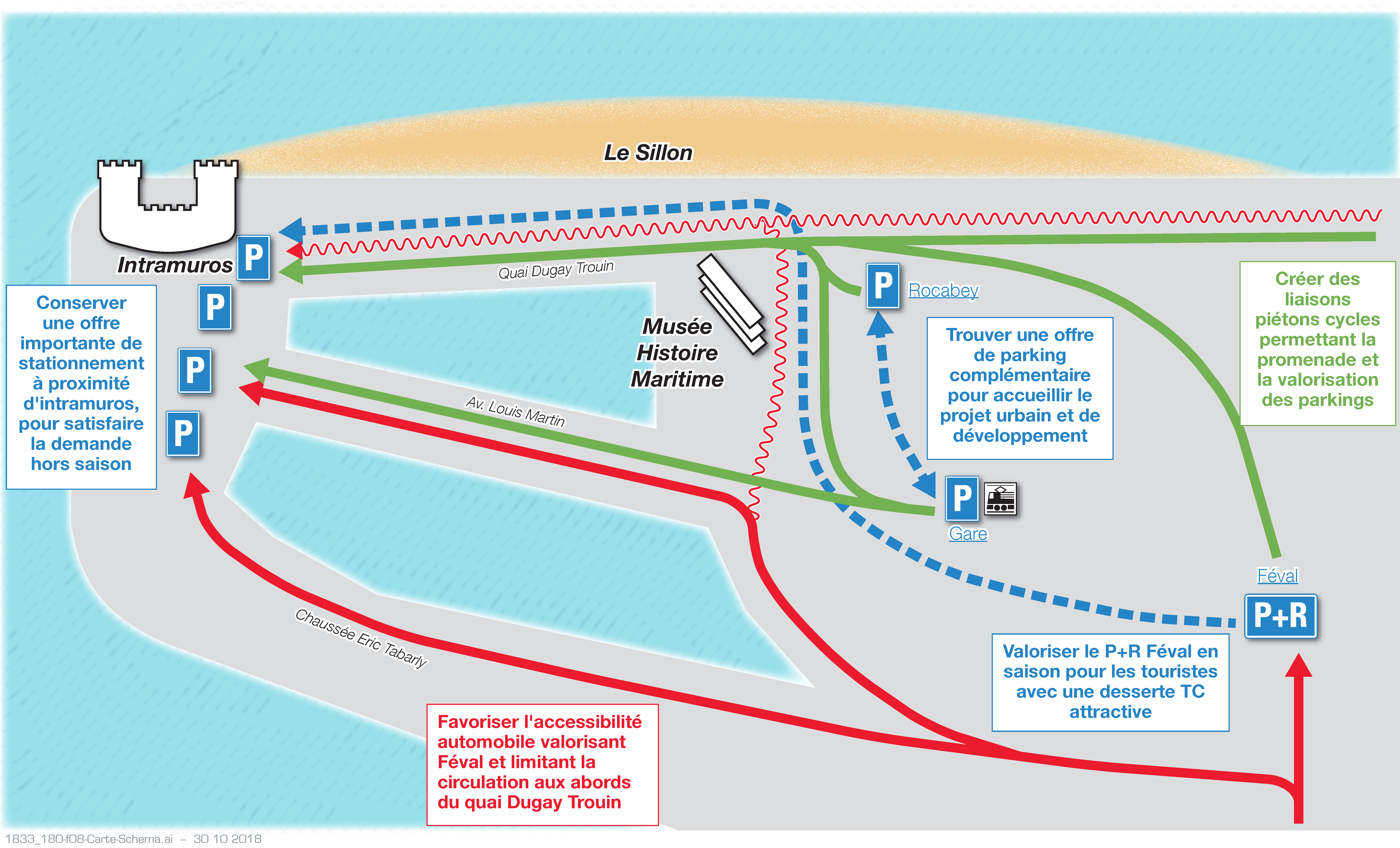 Saint-Malo – Plan guide pour le quai Duguay Trouin, Rocabey et le boulevard de la République – Volet stationnement