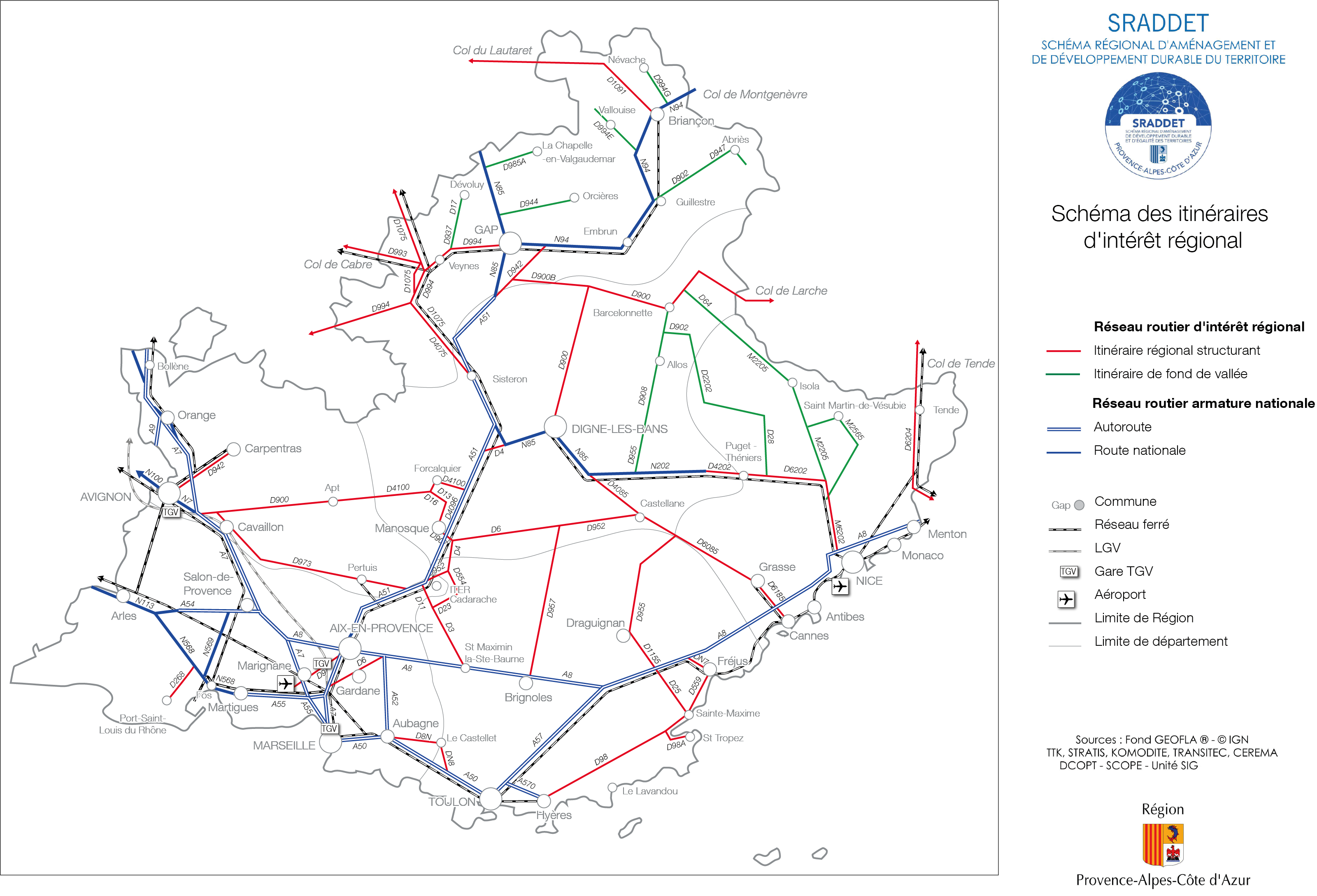 Carte schématique des itinéraires d'intérêt régional