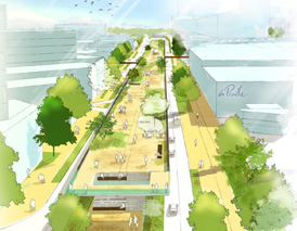 Vue aérienne de la route des Jeunes sur la séquence Praille Ouest-Logistique (source: J-2030)