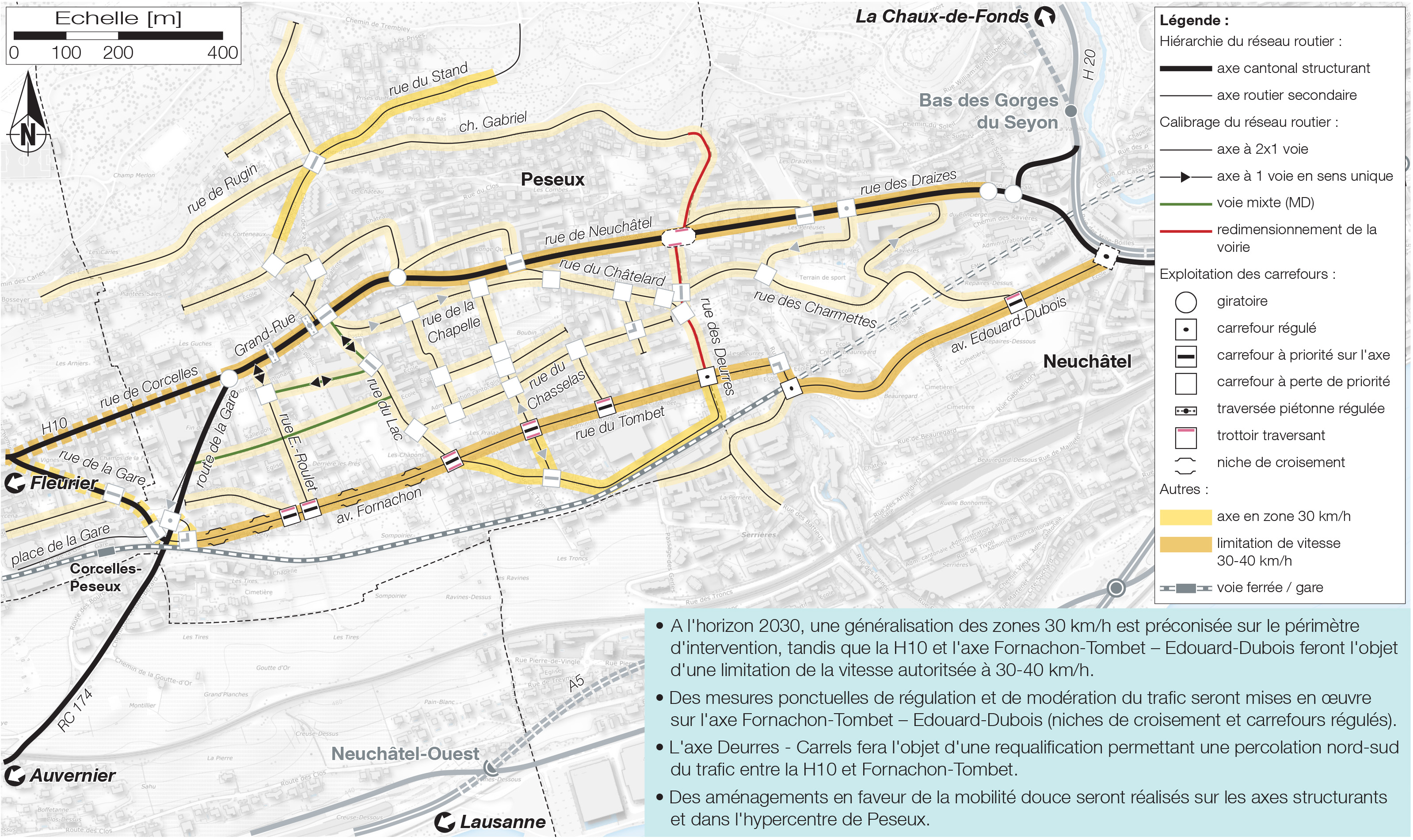 Calibrage du réseau routier et principes d'exploitation des carrefours en traversée de Peseux – Etat planifié en 2030