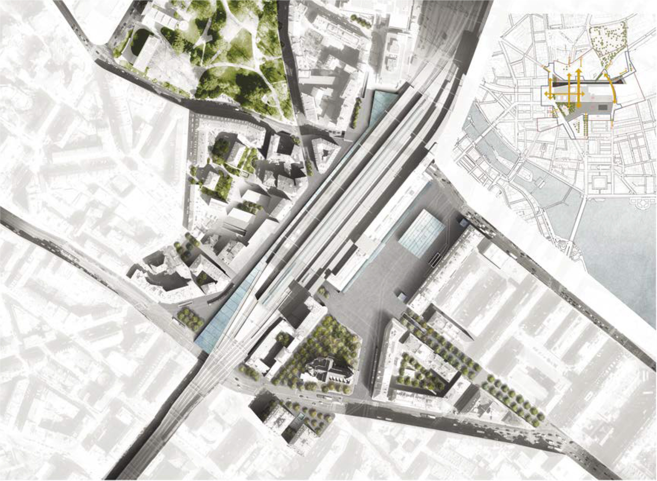 Image illustrative du réaménagement proposé par l'équipe lauréate (source : Guillermo Vázquez Consuegra architectes SLP & Frei Rezakhanlou architectes SA – 2018)